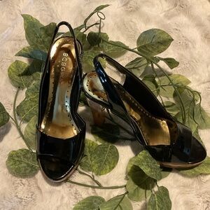 BCBGIRLS Black Patent Leather Peep Toe with Faux Woodgrain Platform and Heel